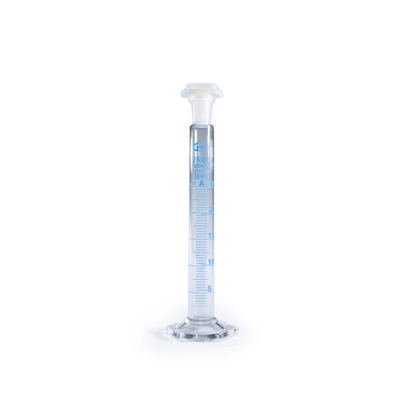Cylinder, Graduated, Mixing, HDPE, 25 mL ±0.3 mL, 0.5 mL divisions, glass stopper #13
