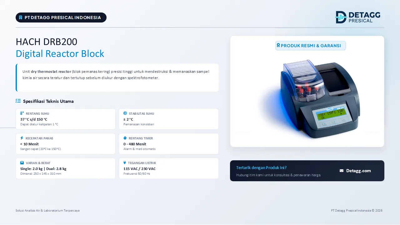 Technical specifications of the Hach DRB200 Digital Reactor Block from PT Detagg Presical Indonesia