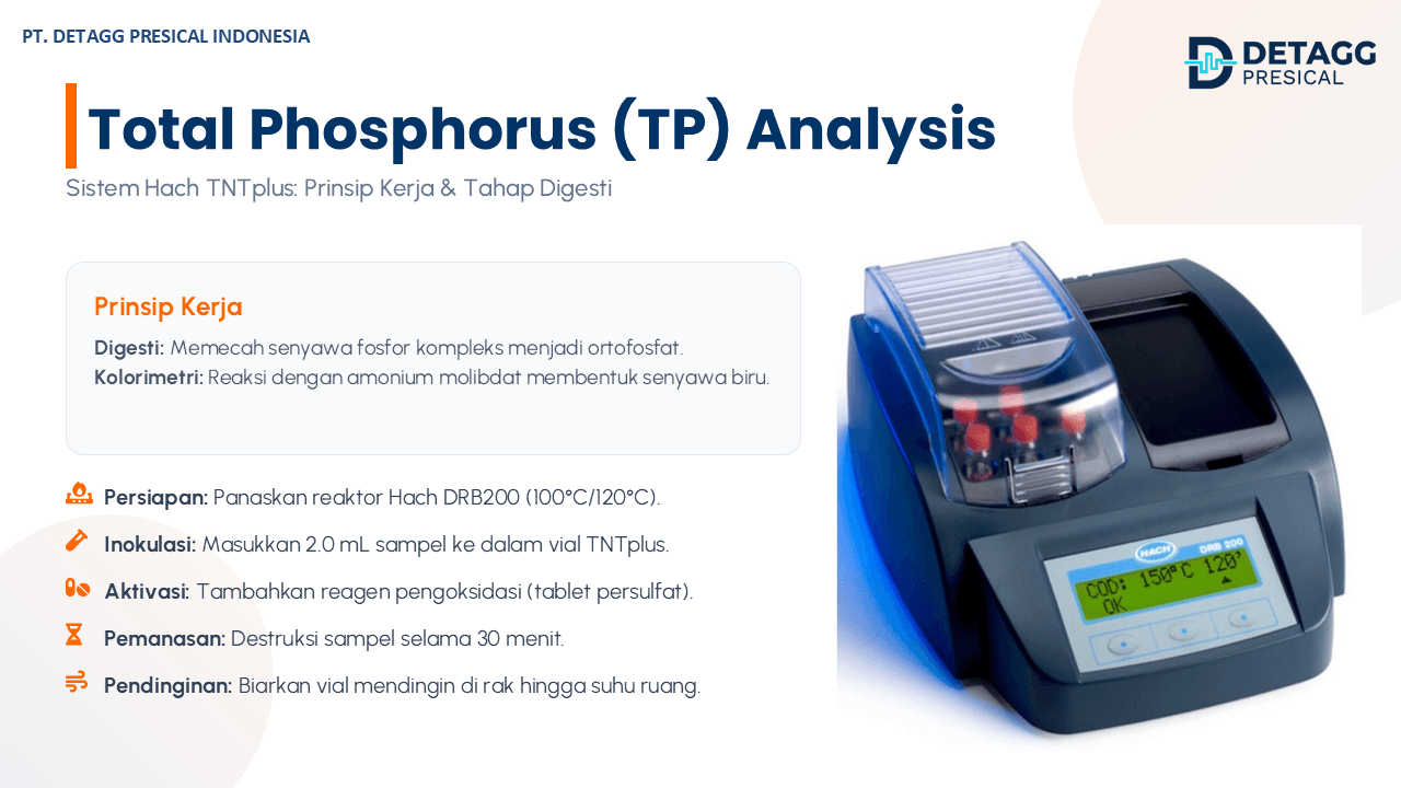 Total Phosphorus (TP) Analysis: working principle and digestion stages of the Hach TNTplus system with the DRB200 reactor from PT Detagg Presical Indonesia