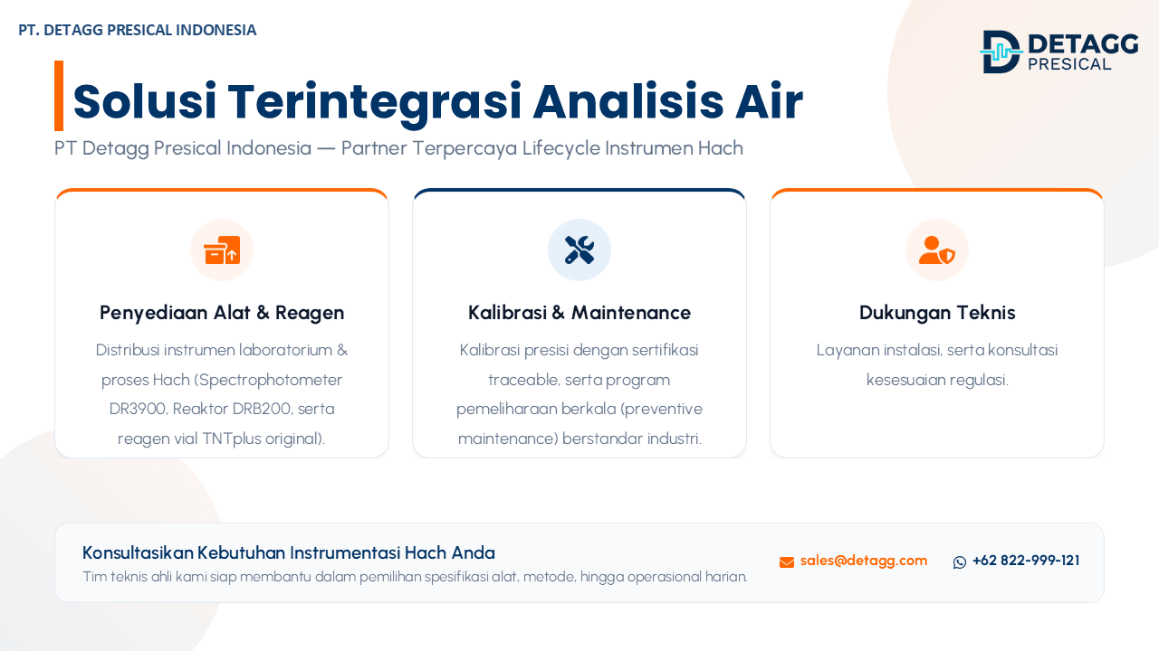 Integrated water analysis solution from PT Detagg Presical Indonesia: instrument & reagent supply, calibration & maintenance, and Hach technical support